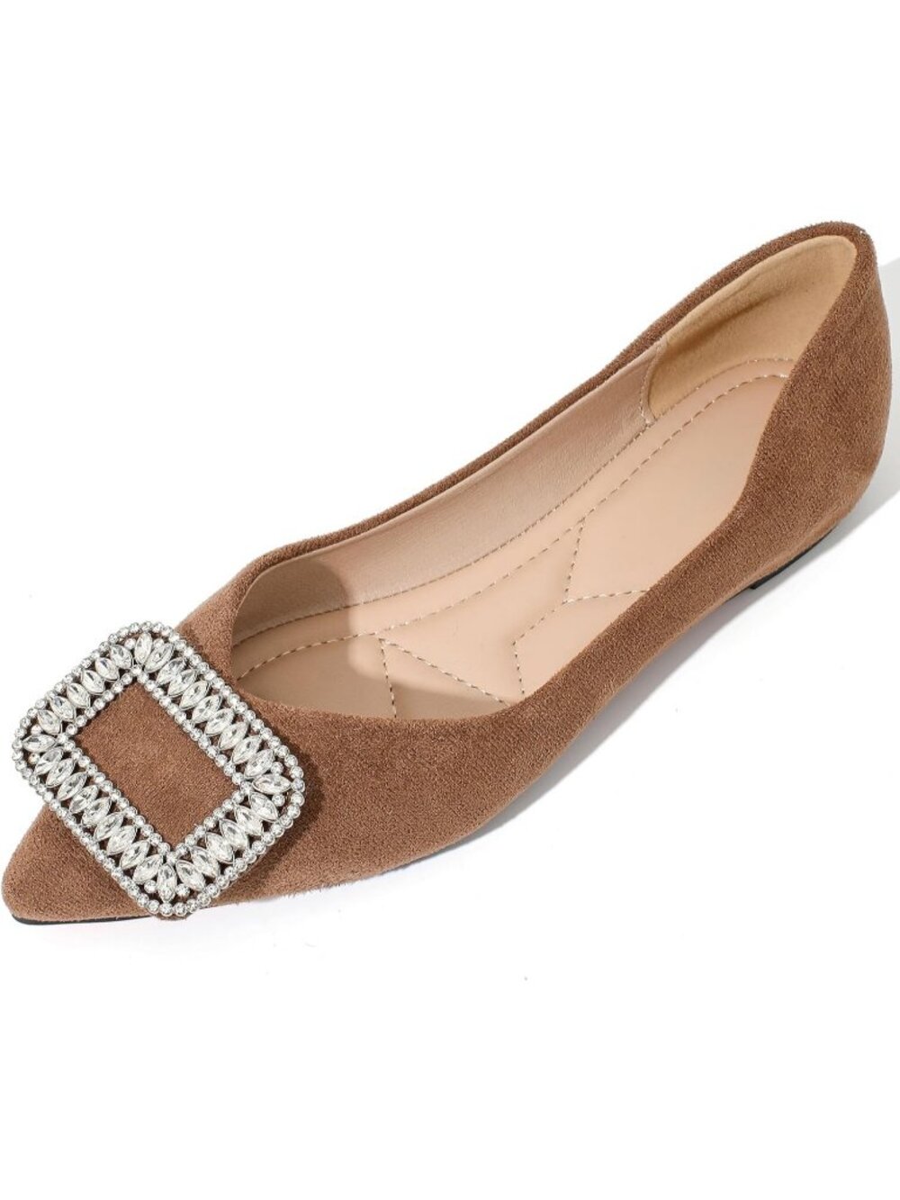 Women's Brown Suede Pointed Toe Rhinestone Ballet Flat Slip On Party Dress Shoes